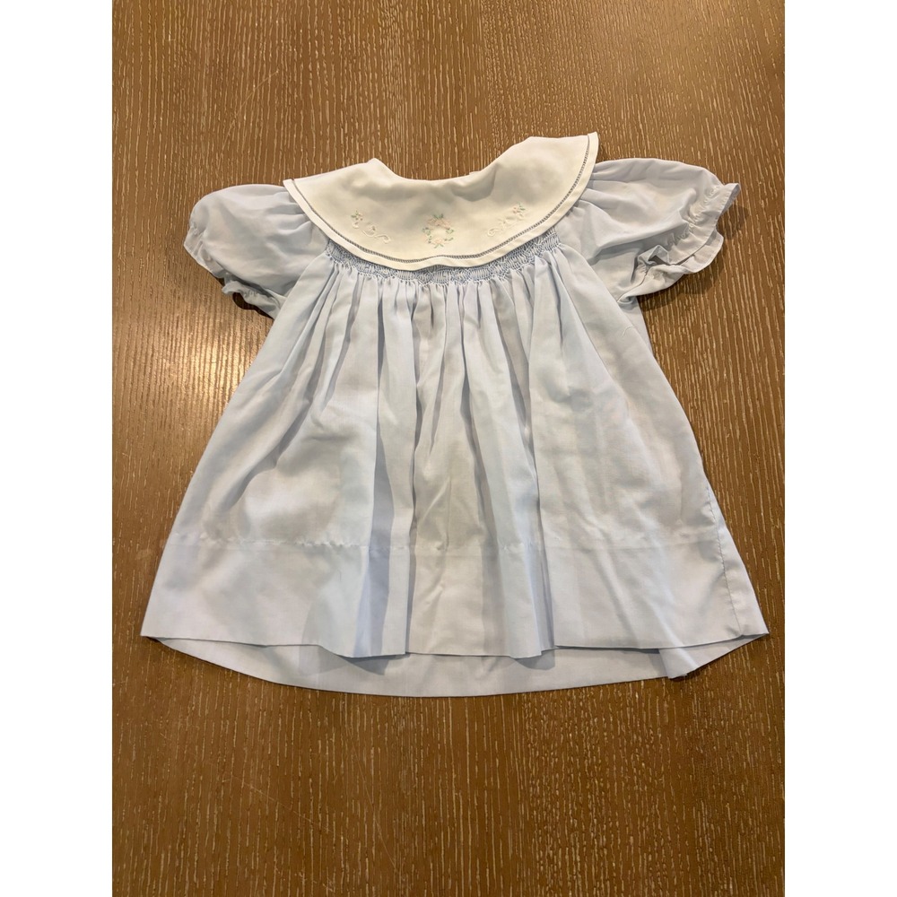 Vintage Petit Ami Baby Girls Blue Smocked Embroidered Dress Newborn 0-3 Months
